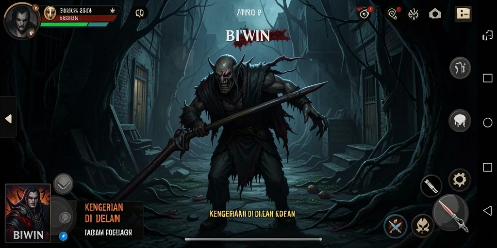 Screenshot gameplay BIWIN yang menunjukkan suasana mencekam dan penuh misteri.