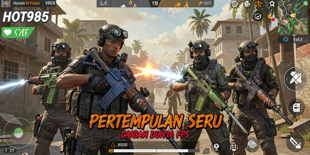 Tangkapan layar HOT985 menampilkan aksi seru dalam pertempuran FPS.