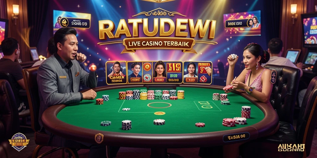 Screenshot gameplay <strong>RATUDEWI</strong> menampilkan dealer langsung dan para pemain yang menikmati permainan.