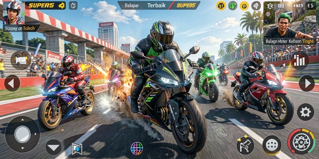Gameplay SUPER5 menampilkan balapan motor yang mendebarkan.